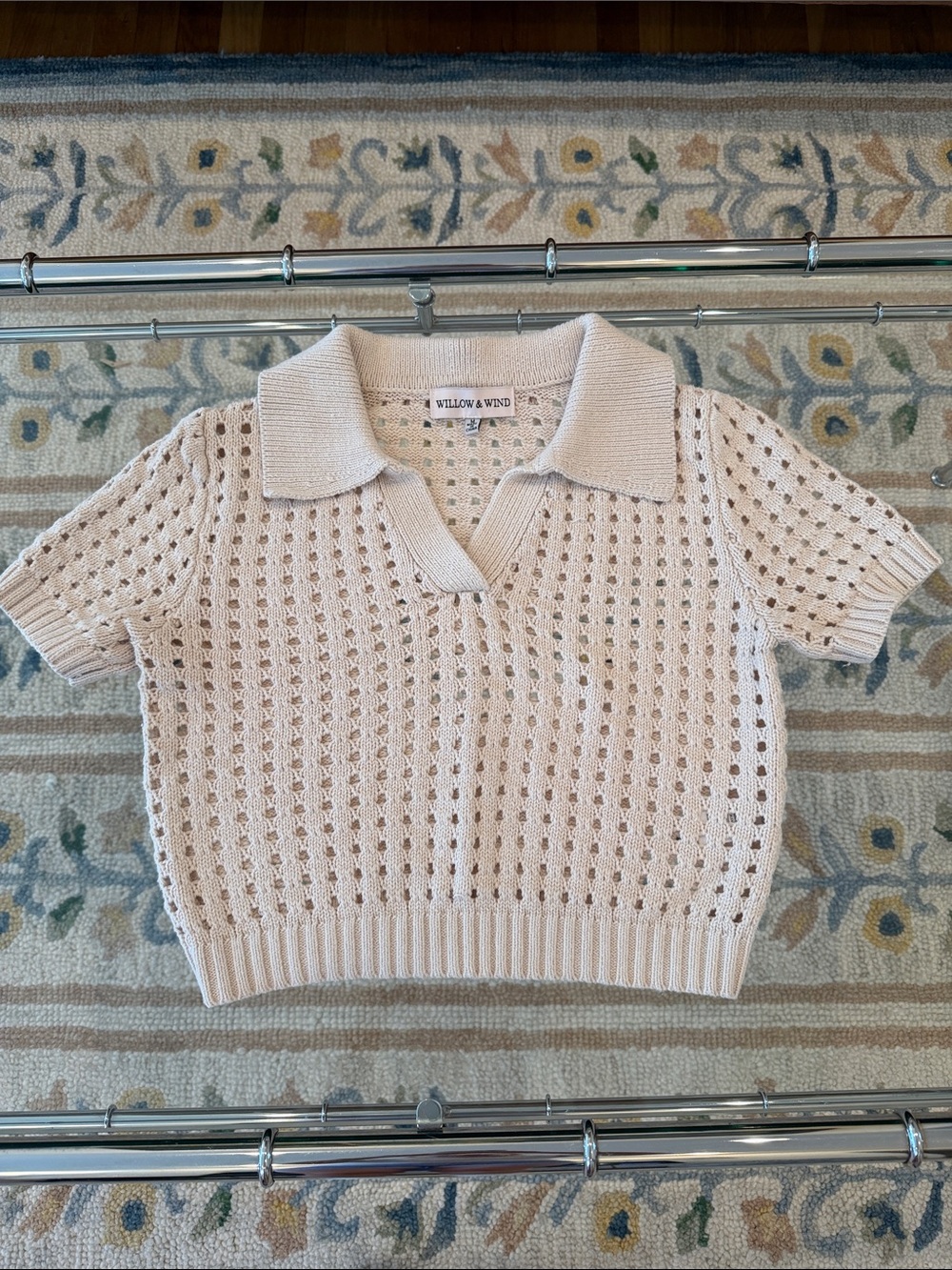Willow & Wind Cream Open-Knit Polo Crop Top